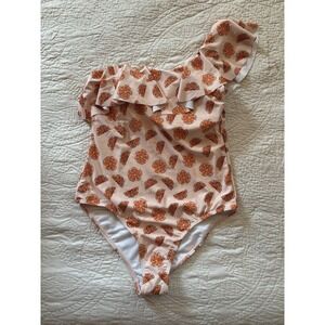 The Oaks Apparel Swimsuit Orange‎ Print One Shoulder Ruffled Women's Size Medium